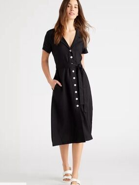 Quince Black Button-Front Tie-Waist Midi Dress